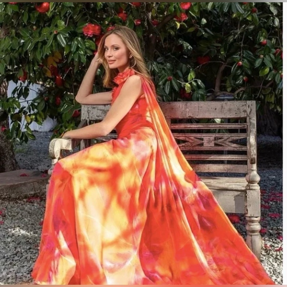 Muse By Marchesa One Shoulder Tangerine Floral Evening Gown Dress NWT $499